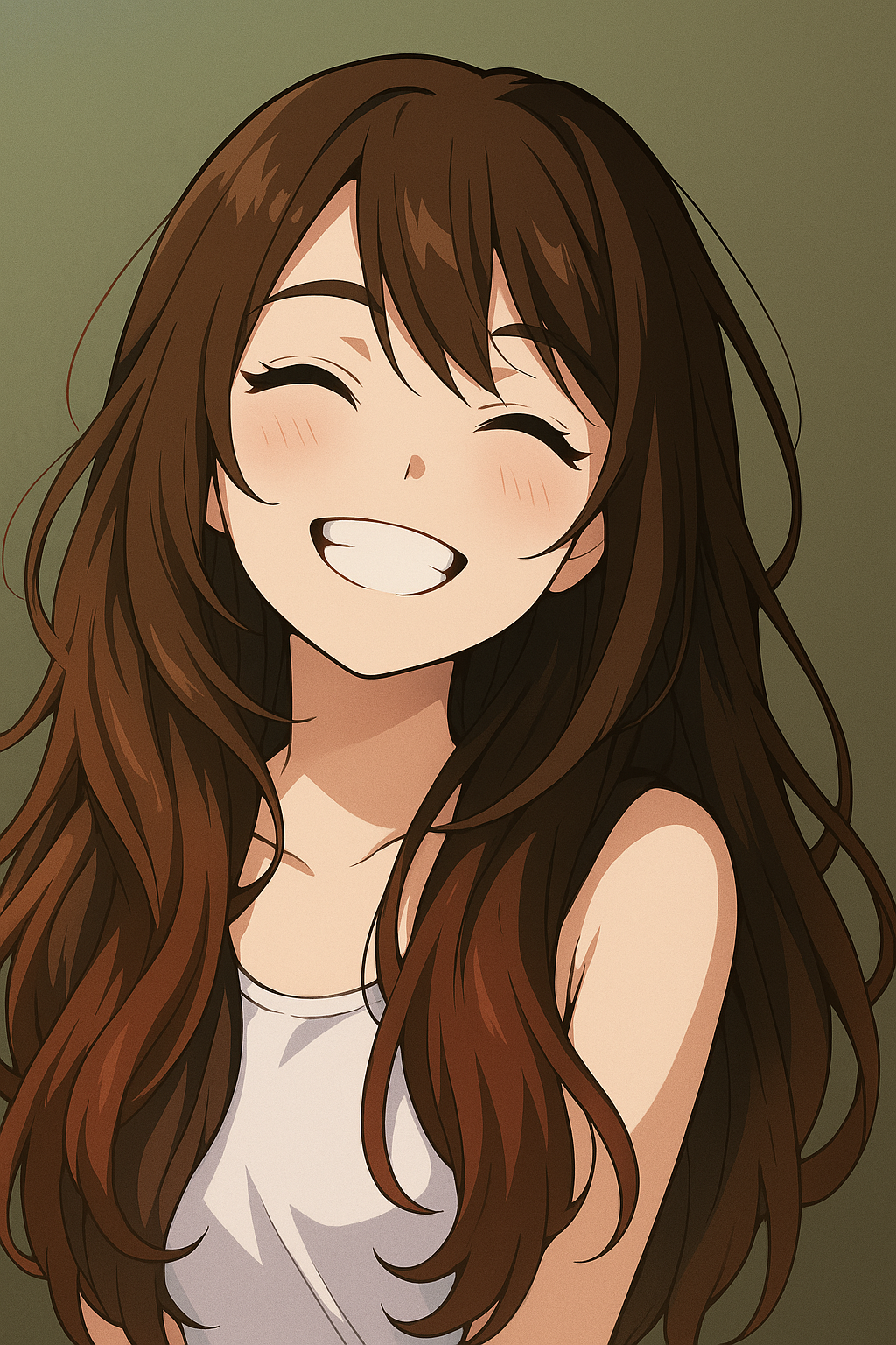 Happy woman with long brown hair, smiling