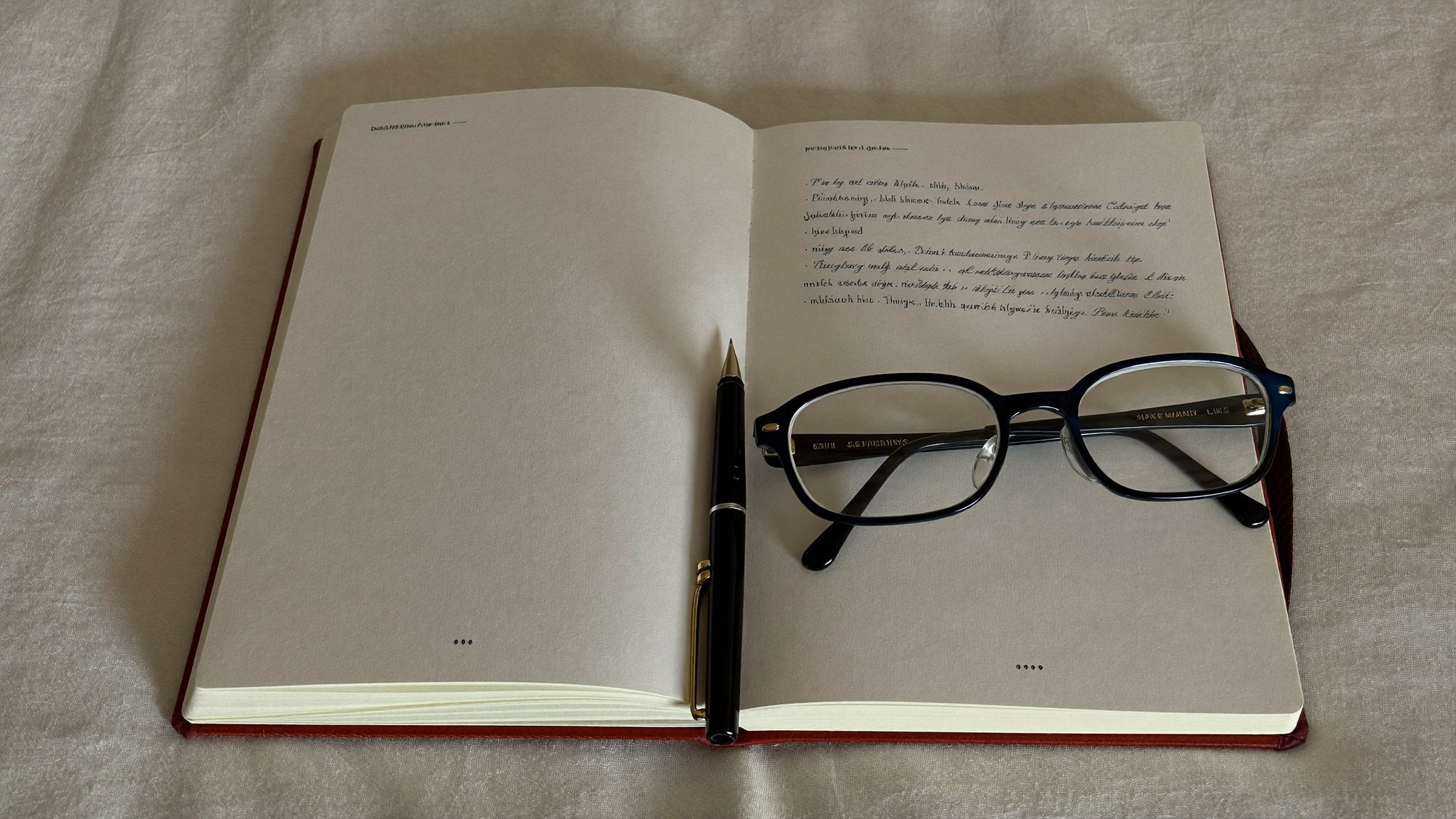 Open notebook, pen and reading glasses on ivory linen