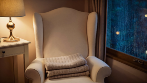 Soft armchair with a blanket beside a rainy window