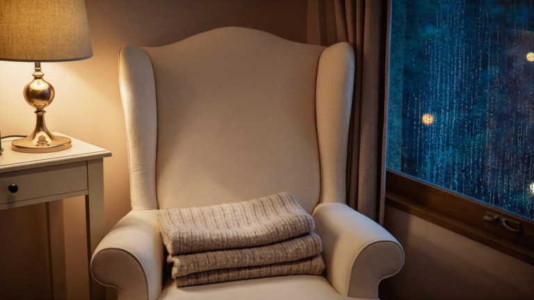 Soft armchair with a blanket beside a rainy window