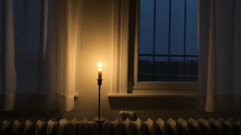 A single candle glowing beside a window at dawn
