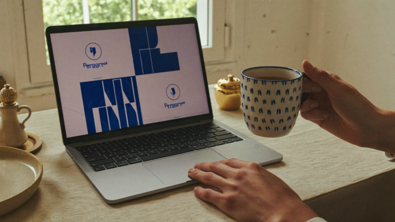 Hands holding a warm mug in front of a laptop video call