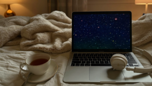 Headphones and tea beside a laptop on a warm blanket