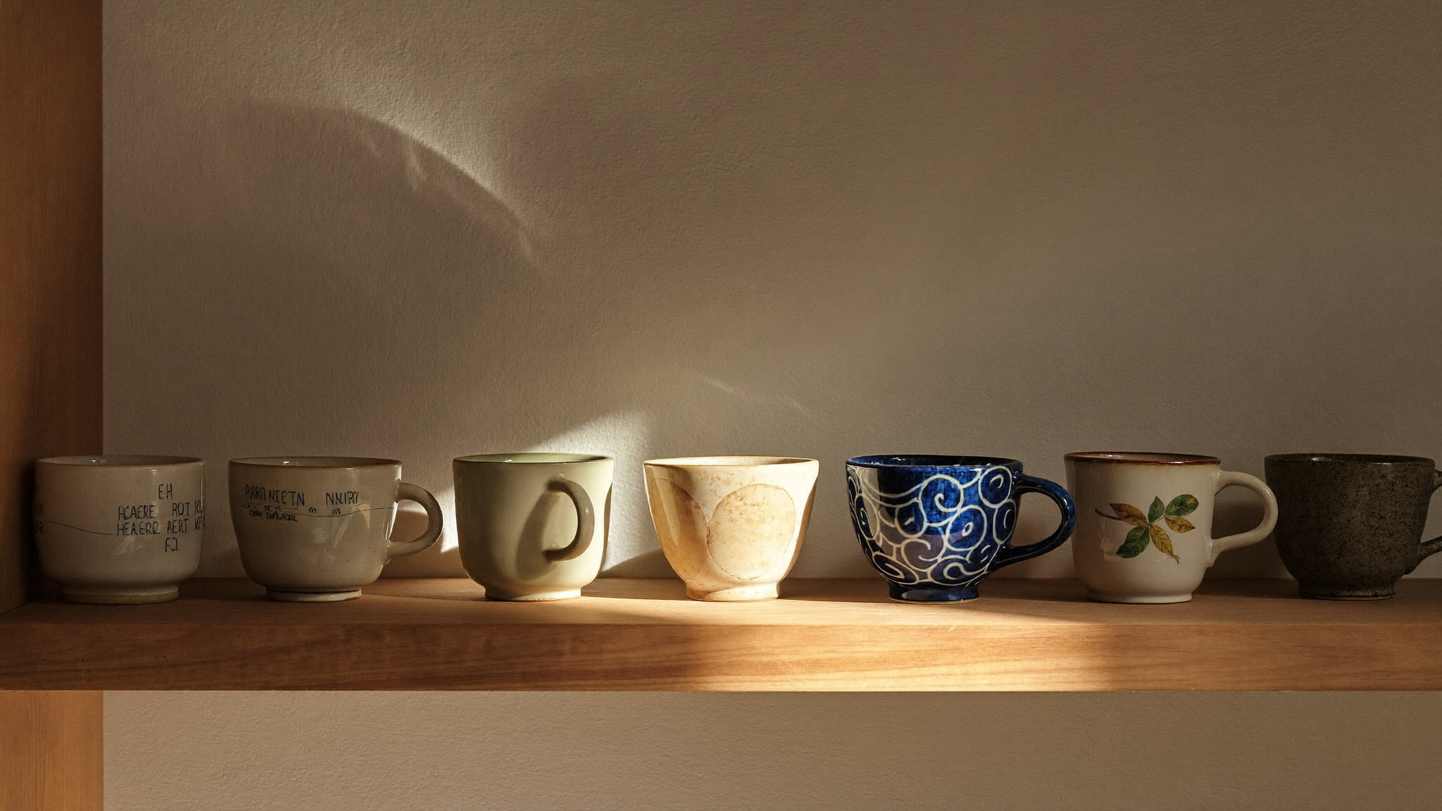 A row of handmade ceramic cups, one catching warm golden light