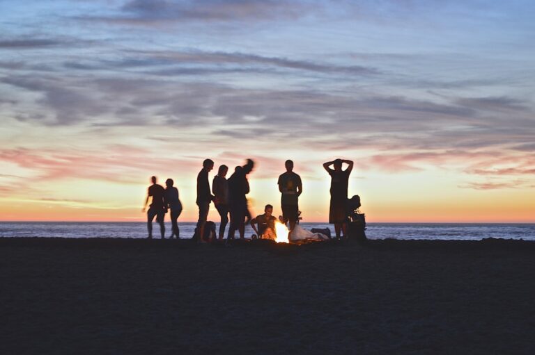 Silhouetted group of friends gathered around a bonfire on a beach at sunset.