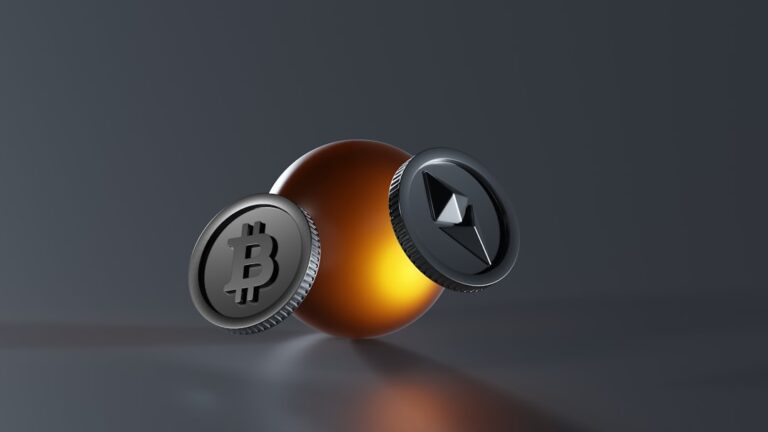 Bitcoin and Ethereum cryptocurrency coins orbiting a glowing sphere.