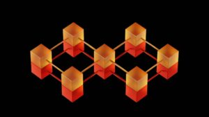 Interconnected network of gold and red cubes, illustrating blockchain technology.