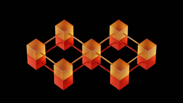 Interconnected network of gold and red cubes, illustrating blockchain technology.