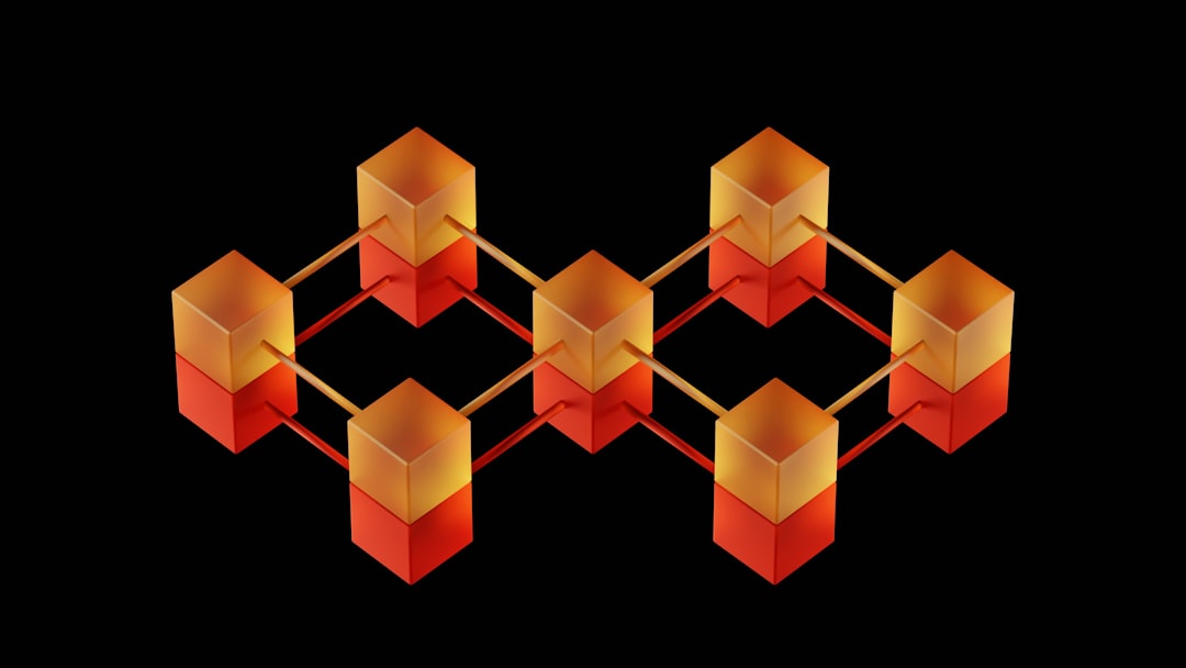 Interconnected network of gold and red cubes, illustrating blockchain technology.